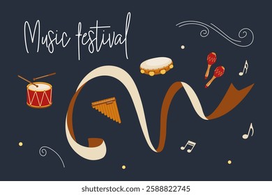 Vibrant musical instruments and decorations celebrate a lively music festival atmosphere