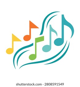 Vibrant musical notes in yellow, orange, green, blue on white background for music, art, and creative concepts