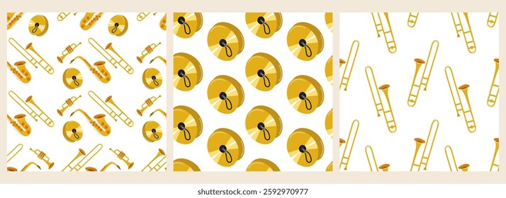 Vibrant music-themed pattern featuring various instruments and elements in bright yellow tones