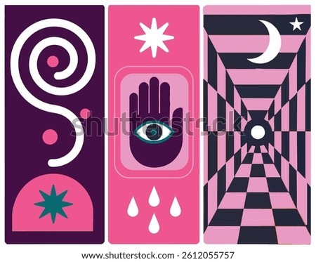A vibrant mystical abstract vector illustration set featuring surreal and esoteric elements like a hand with an eye, spiral symbols, checkerboard tunnel, moon, and stars. Designed in retro color tones