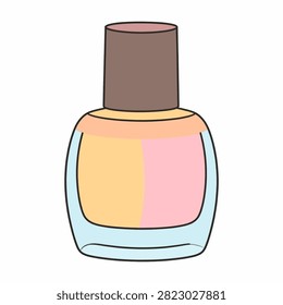 A vibrant nail polish bottle with a brown cap, showcasing pastel pink, yellow, and blue colors, isolated on a white background for beauty and fashion themes.