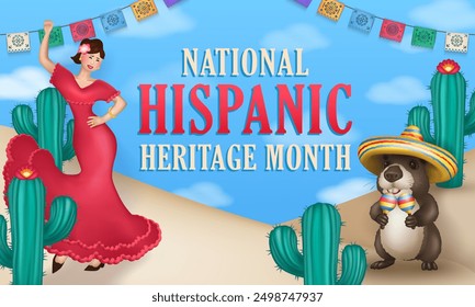 Vibrant National Hispanic Heritage Month banner featuring a woman dancing in traditional attire, a capybara in sombrero with maracas, festive papel picado, and cacti in a desert scene under a blue sky