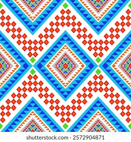 
Vibrant Native American geometric pattern with dynamic zigzags in white, terracotta, and blue. Features diamond centerpieces with tribal triangular details and rust-red 