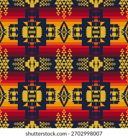 Padrão vibrante de nativos americanos. Vetor colorido azteca sudoeste Navajo forma geométrica padrão sem emenda. Uso de padrão geométrico étnico para tecidos, têxteis, elementos de decoração de casa, estofos, etc