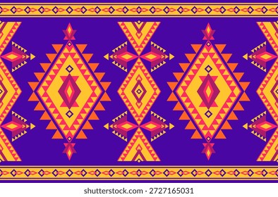 Un patrón de tela étnica vibrante, nativo con colores púrpura, naranja, rosa y amarillo, Ilustración vectorial.