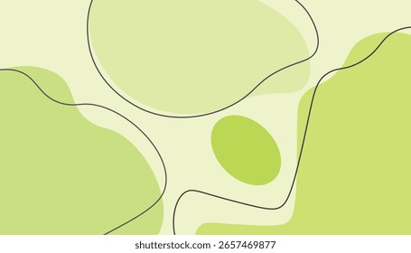 Un fondo de Vector abstracto vibrante y natural en tonos verdes, lima y limón. Las Formas orgánicas y las líneas negras fluidas crean un diseño limpio y refrescante.