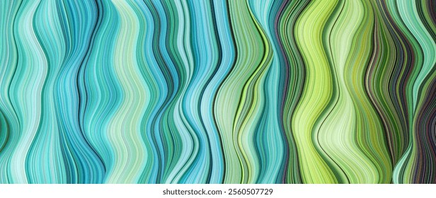 Vibrant natural gradient with fresh blend of green and blue flowing wavy lines. Serene waves of Nature in harmony motion. Smooth curved lines and flowing waves inspired by Nature. Vector illustration