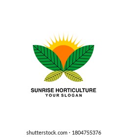 A vibrant and natural-themed vector logo design featuring a sunrise above leaves or fields, symbolizing growth, renewal, sustainability, and life. Ideal for horticulture businesses, eco-farms, gardeni