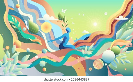 Vibrant nature illustration with a meditative figure, flowing energy waves, organic elements. Symbolizing harmony,creativity, connection with nature. Perfect for wellness, mindfulness,artistic project