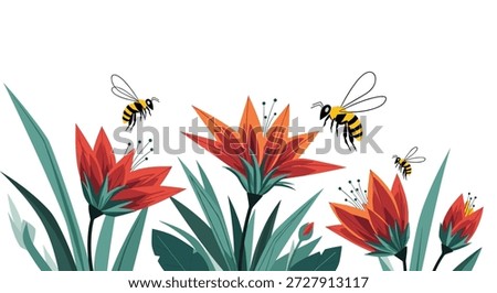 Vibrant nature scene of busy bees flying around large bright red tropical flowers with green leaves on a clean white background design.