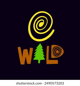 Lebhaftes Logo zum Thema Natur mit bunten Spiralen und einem grünen Baum, der Wildnis und Abenteuer darstellt.