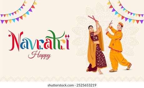  Una vibrante celebración de Navratri Una pareja baila Dandiya Raas con atuendo tradicional rodeado de coloridas banderas y un patrón de mandala Happy Navratri se muestra prominentemente en la parte inferior