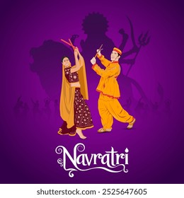  A vibrant Navratri celebration with couple dancing Dandiya Raas in traditional attire A silhouette of Goddess Durga on a lion is in the background with a purple festive backdrop Navratri is at bottom