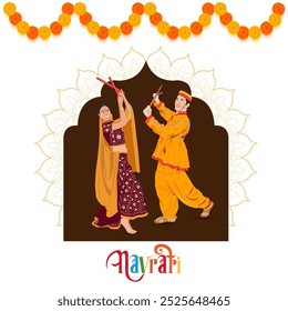 A vibrant Navratri celebration with a couple dancing Dandiya Raas in traditional attire A festive arch with marigold garlands frames the scene with Navratri written below