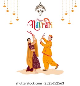 A vibrant Navratri celebration with a couple dancing Dandiya Raas in traditional attire Goddess Durga is depicted above them surrounded by festive decorations and hanging diyas happy navratri at top