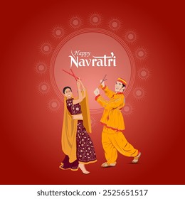  A vibrant Navratri celebration featuring a couple dancing Dandiya Raas in traditional attire against a festive red circular background The text Happy Navratri is prominently displayed at the top