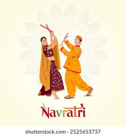 Una vibrante celebración de Navratri con una pareja bailando Dandiya Raas en atuendo tradicional contra un fondo de mandala decorativo con Navratri en la parte inferior






