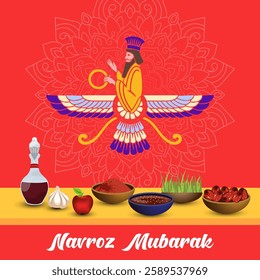 A vibrant Navroz illustration with a Zoroastrian priest the Faravahar a golden mandala a Haft Seen table and festive Navroz Mubarak text on a rich red background.