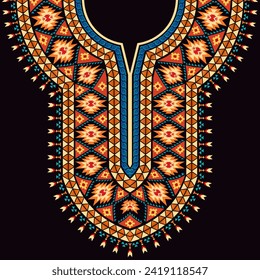 The vibrant neck design in an ethnic native American style features Navajo motifs and geometric patterns. The neck decorative patterns for kaftan dresses, kurtas, kurti, dashiki shirts, and blouses.