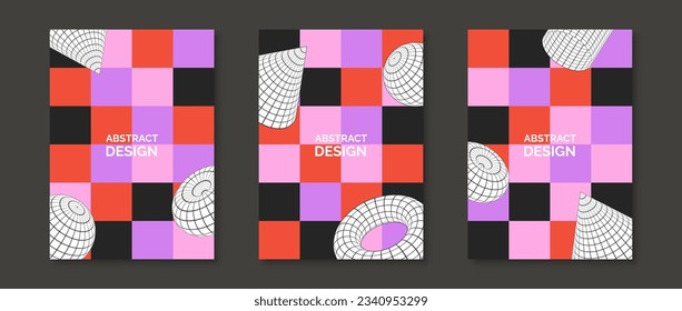 Vibrant neo geometric design posters set. Collection of 3d torus, cone, cylinder and sphere shapes on checkered background. Set of retro futuristic templates for cover, banner, flyer. Vector pack