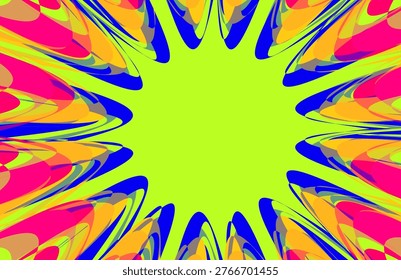 Vibrant neon abstract burst with a lime center and layered pink, blue and orange shapes; energetic pop-art radial pattern ideal for posters, web backgrounds, music events, party graphics and modern design.