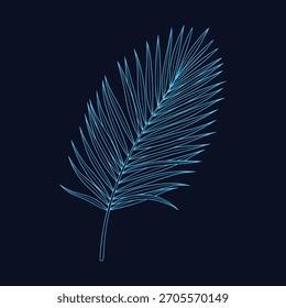 Ilustración vectorial de contorno azul neón vibrante que representa una hoja de palma tropical detallada sobre un fondo oscuro profundo. Ideal para la marca de verano, anuncios de vacaciones exóticas, estampados de ropa moderna, y d