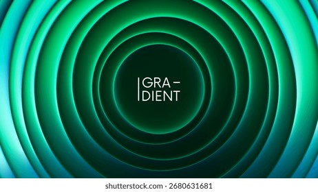 Vibrant neon circular gradient background with glowing concentric rings in turquoise and green tones. Circular waves expand into infinity creating futuristic design perfect for technology posters