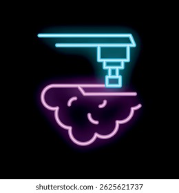 Vibrant neon colored icon of a drilling machine drilling into a rock on a black background