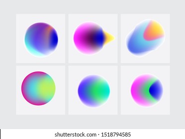 Lebhafte neonfarbige abstrakte Farbverlauf-Elemente für Design. Holografische Chamäleon irisierende unscharfe Kreise auf weißem Hintergrund.