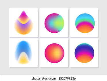 Vibrant neon colorful gradient elements for design. Holographic iridescent blurry circles on white background.