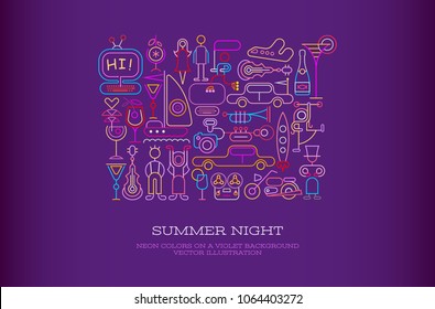 Vibrant neon colors on a dark violet background Summer Night vector illustration, poster design.