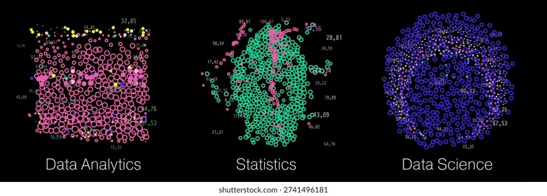 Vibrant neon cyberpunk particle visualizations in glowing pink, green, and blue circular clusters with scattered numerical data points and colorful dot accents on black background. Conceptual vector illustration for data analytics, statistics, data science, big data visualization, and modern analytics themes.