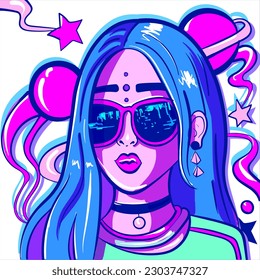 Vibrant neon digital art of a lo-fi girl with sunglasses and planets around her. Galaxy and universe background. Psychedelic woman stargazing.