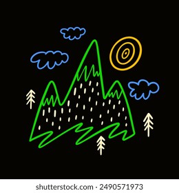 Vibrant neon doodle art of mountains, sun, and clouds on a black backdrop, perfect for trendy designs.