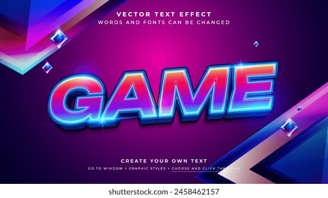 Vibrant neon game text effect on blue purple background, vector graphic styles