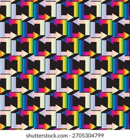 Vibrant Neon Geometric Arrow Pattern Background Apresentando formas de gradiente multicoloridas, negrito abstrato design repetitivo para arte digital moderna, papel de parede futurista, impressões têxteis e visual criativo