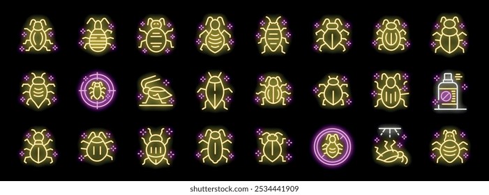 Vibrant neon glow icon set illustrating various types of bugs, highlighting pest control concepts