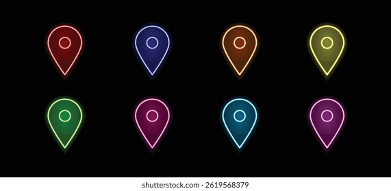 Vibrant neon glowing location pins in multiple colors vector, perfect for maps, navigation, and digital design projects.