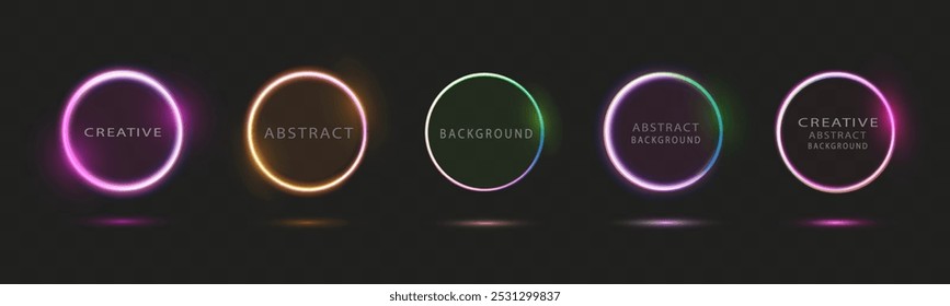 Quadros vibrantes de gradiente de néon: conjunto de elementos brilhantes redondas de design futurista. Formas Geométricas Radiantes, Coleção Moderna De Ícones. Círculo iluminado com efeitos de luz. Portal Azul