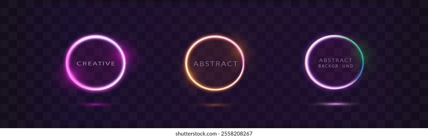 Vibrant Neon Gradient Frames: Set of Glowing Round Futuristic Design Elements. Radiant Geometric Shapes, Modern Icon Collection. Illuminated Circle with Light Effects. Blue Portal and Platform	