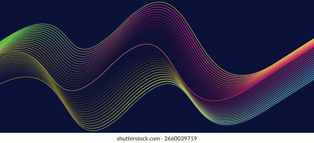 Líneas vibrantes de la onda del degradado del neón en el fondo azul oscuro Futurista Diseño Abstractas que fluye colorido para el arte digital y los temas de la tecnología
