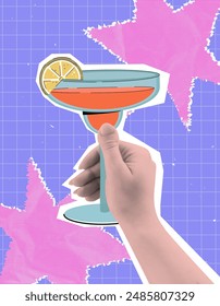 vibrant neon halftone collage with torn scrap paper and monochrome hand holding glass of alcoholic cocktail. vertical greeting card