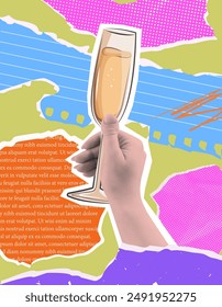vibrant neon halftone collage with torn scrap paper and monochrome hand holding glass of alcoholic cocktail. vertical greeting card