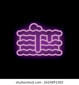 Vibrant neon icon of a cake, featuring multiple layers and dripping icing, set against a stark black background