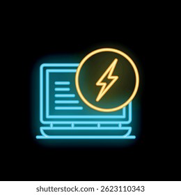 Vibrant neon icon depicting a laptop with a lightning bolt, representing concepts like power, energy, and fast performance