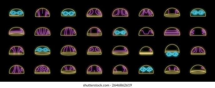 Ícones de neon vibrantes exibindo uma variedade de nadadeiras e óculos, enfatizando a segurança da água e o estilo individual para os nadadores