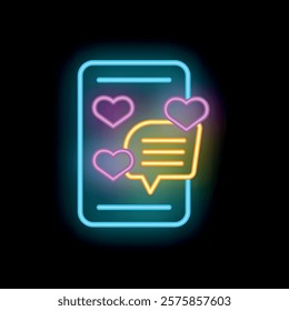 Vibrant neon illustration featuring a smartphone with a speech bubble and hearts, symbolizing online dating and romantic communication