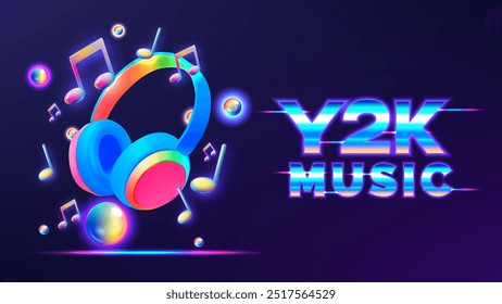 vibrant neon illustration showcasing futuristic Y2K-style headphones and floating musical notes on a dark background. Perfect for music-themed designs.