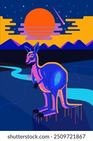 Vibrant Neon Kangaroo in Surreal Landscape with Retro Sunset and Geometric Mountains