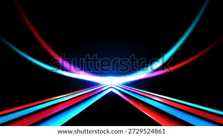 vibrant neon light trails in blue red and pink arcing across a dark void to represent high speed technology and futuristic energy in a modern night